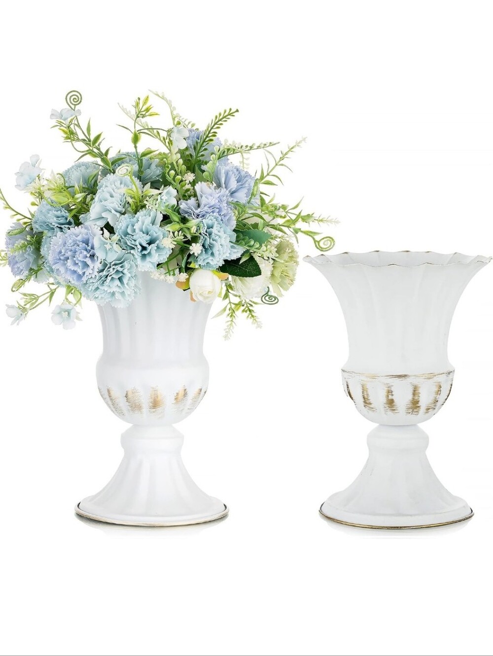 2 White Metal Vases Trumpet Urn For Faux Flowers